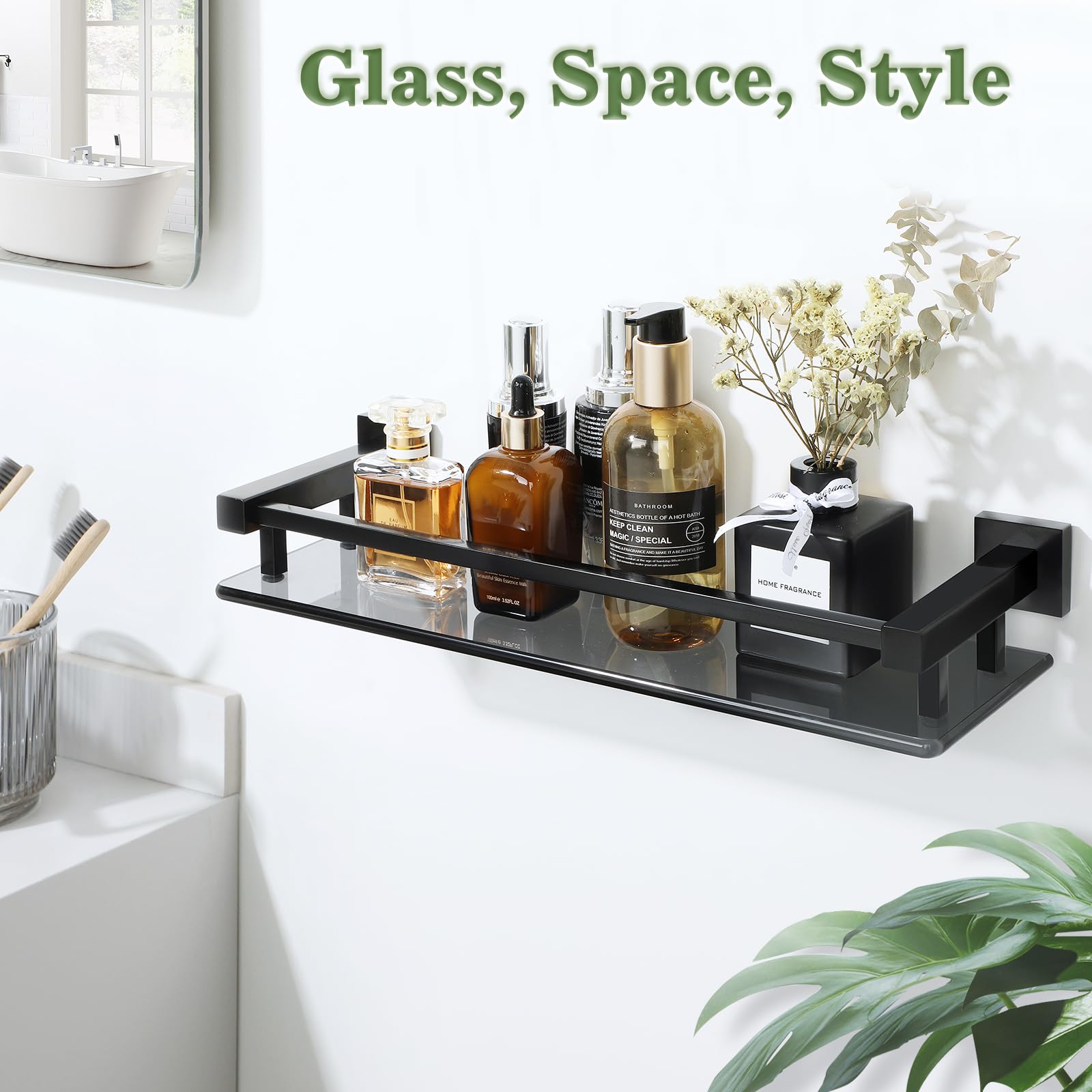 Alise Glass Bathroom Shelf, Matte Black Tempered Glass Shelves For Bathroom, Stainless Steel Modern Bathroom Floating Shelves Wa